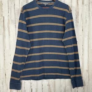 Toad Co Waffle Knit Thermal Shirt Mens Large Striped Blue Tan Organic Cotton EUC